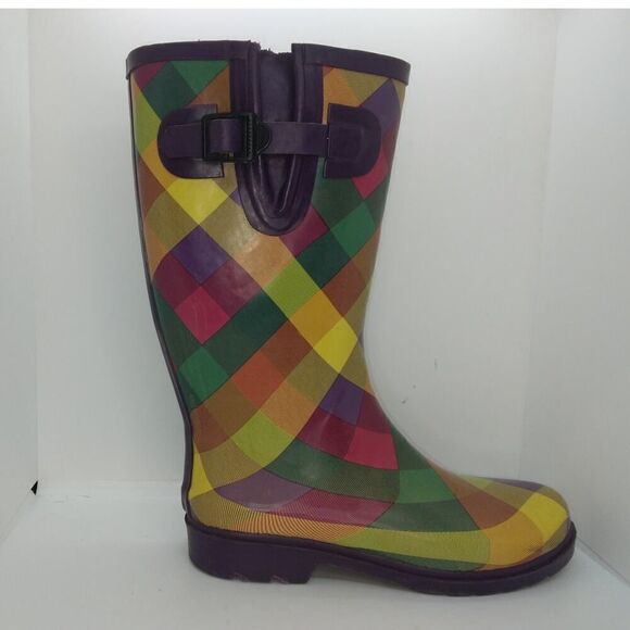 Merona Designer Womens Pre-owned Plaid Green/Yellow/Red Rain Boots - sz. 7 - Picture 2 of 6